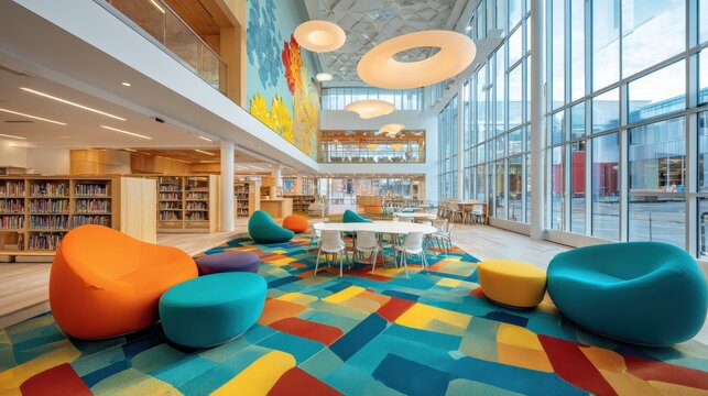 Modern and colorful library interior with unique seating and large windows