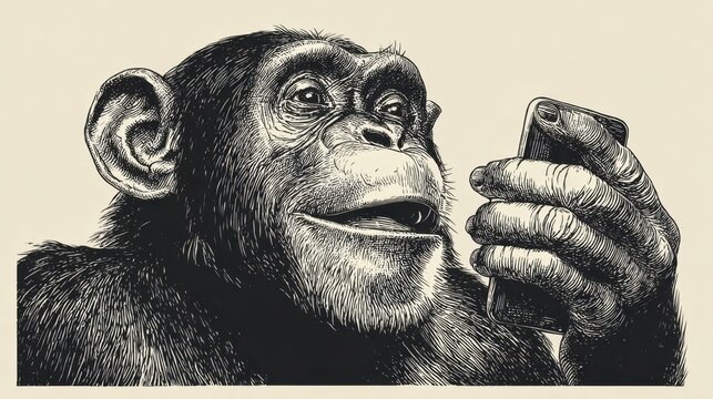 Monkey using smartphone in sketch