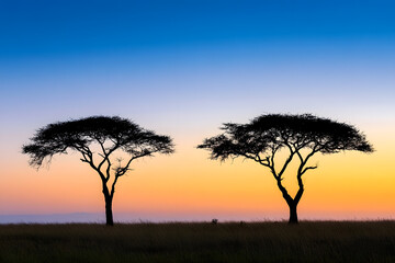 Obraz premium Sunrise Over the African Savanna with Acacia Tree Silhouettes 