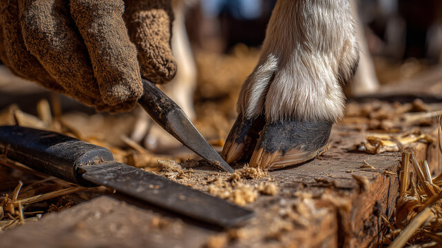 Healthy sheep hoof care with careful trimming during sunny farm day