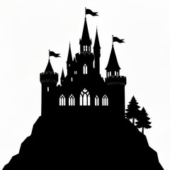 Obraz premium Silhouette of a Medieval Castle on a Hill with Flags and Trees