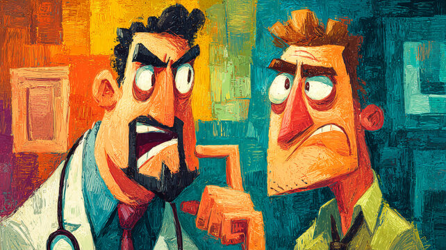 Funny confrontation between a doctor and a patient in a colorful office