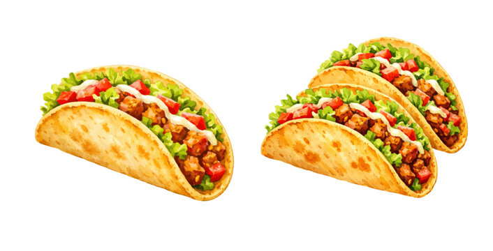 Watercolor taco collection illustration, Mexican tacos with beef lettuce tomato and sauce isolated on white background