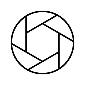 Camera aperture icon. Media and camera equipment line symbol. Black and white.