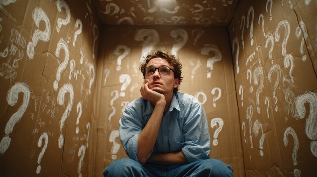 Man sitting in cardboard box covered in white question marks, deep in thought or confusion