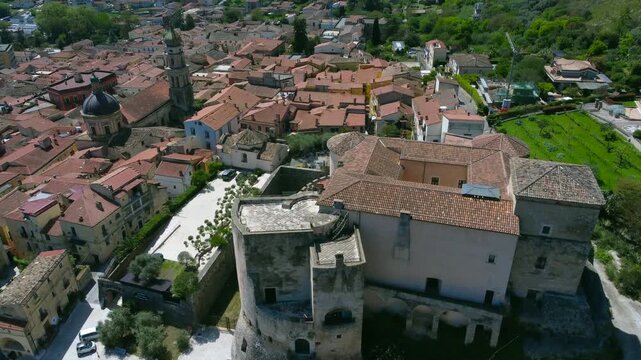 Town of Venafro, Molise - Drone view, turnaround from Pandone Castle to Annunziata church