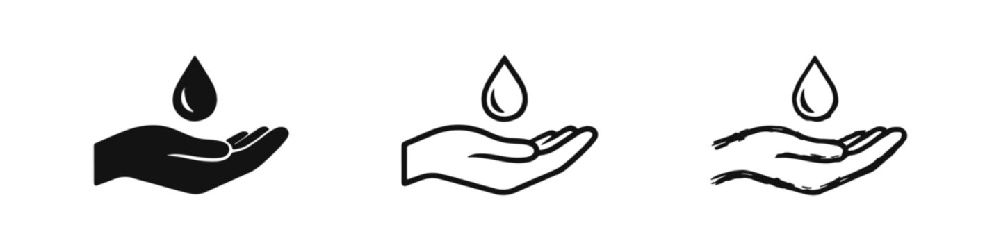 Water drop falling into hand icon set, symbolizing care, hygiene, and saving water conservation