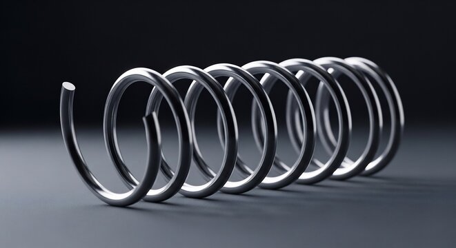 Close up of a metallic spring coil on a dark background.