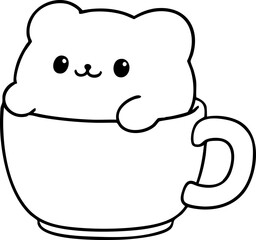 Obraz premium Cat in a mug line art drawing, minimalist kitten contour for coloring page