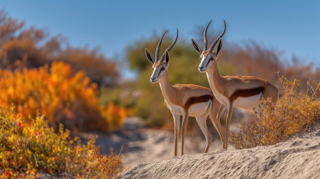 Two springboks standing on sandy terrain with vibrant autumnal shrubbery under bright sunlight