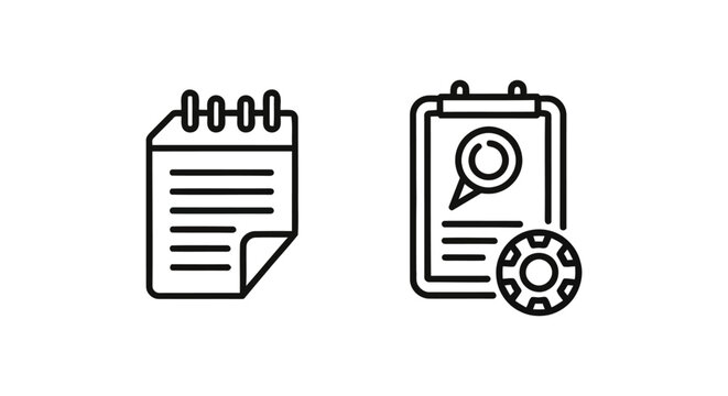 Business process automation and document analysis icon representing data review workflow and systematic task management in simple black line art style on a clean white background