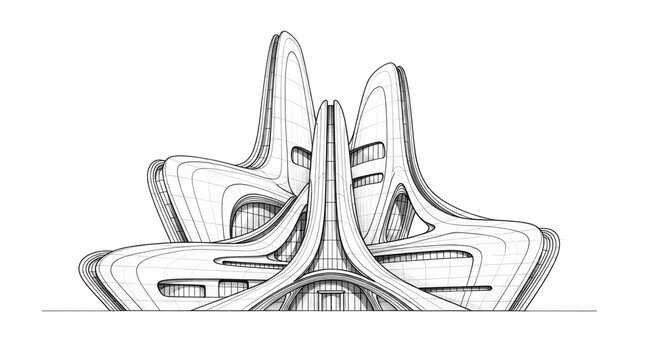 Avant garde building sketch with fluid organic shapes.