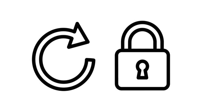 Digital security and system update icons featuring a circular refresh rotation arrow and a secure locked padlock for information technology privacy and data protection vector illustration pack