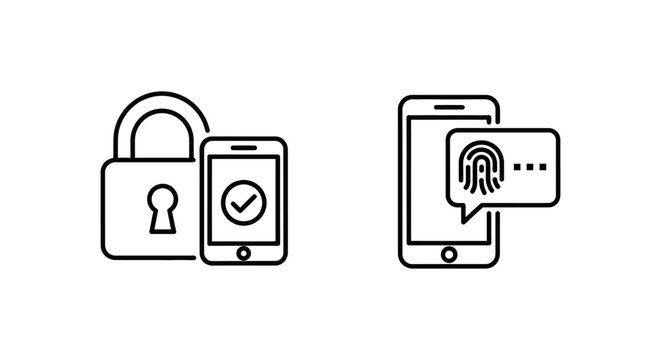 Two factor authentication and multi factor authentication mfa prompt icon set for cybersecurity mobile security data privacy and biometric login verification with fingerprint padlock and smartphones