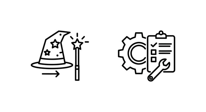 Software migration wizard and setup assistant icon set for technology installation configuration data transfer process and technical maintenance support interface design on a clean white background