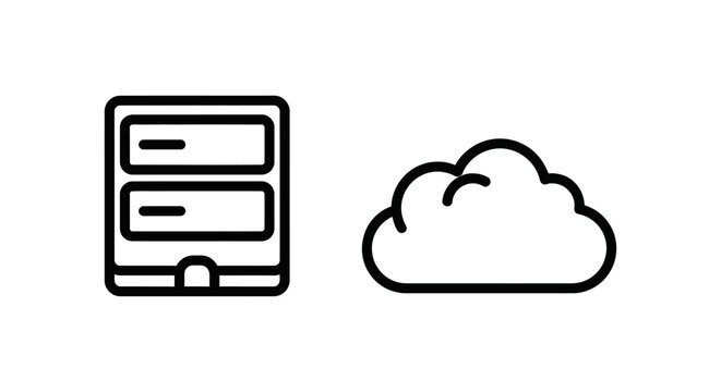 On-premise server and cloud storage infrastructure icons, computing data management concept