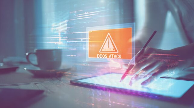 Cybersecurity threat alert on digital tablet during office work, concept of ddos attack protection and digital security