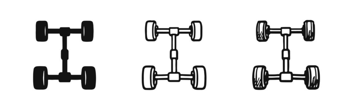 Car Chassis and Axle System Icons Set. Automotive Engineering and Vehicle Structure Illustrations.