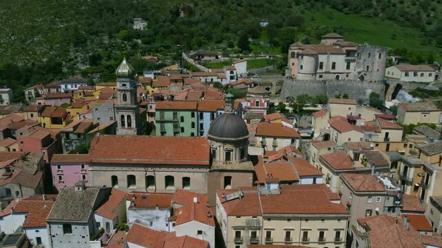 Town of Venafro, Molise - Drone view, turnaround on Annunziata Church with Pandone castle in background