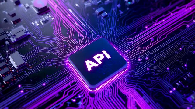 Glowing API chip on circuit board with neon purple connections and detailed microelectronics pattern showing modern digital technology concept