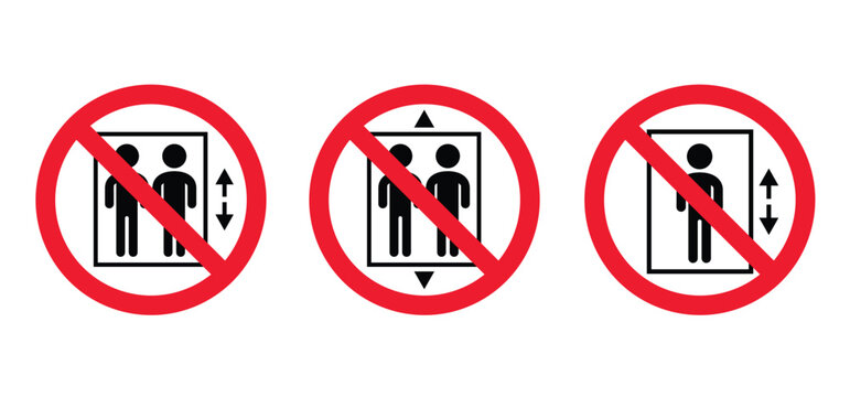 Fire warning, elevator, lift icon. Elevator accessibility for down or up. Elevator doors. No ban, Forbidden to use the elevator in case of fire.  prohibited or prohibited. Do not enter, up and down.