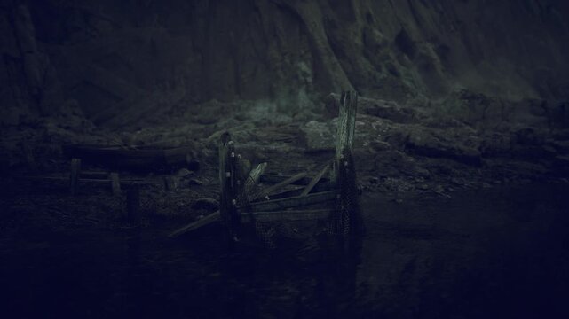 Gloomy tidal plain abandoned monuments standing in shallow water, silted shore, mossy surfaces, faint green illumination, overcast sky and textured mudflats