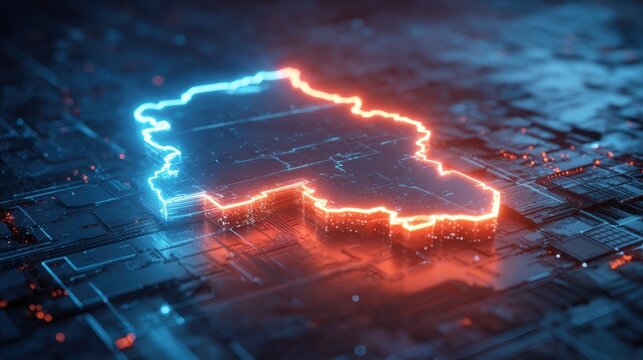 Digital outline of jammu and kashmir with blue and red neon glow on circuit board surface
