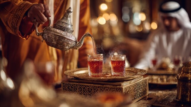 Traditional arabic tea ceremony pouring hot beverage from an ornate silver teapot into small glasses during a gathering