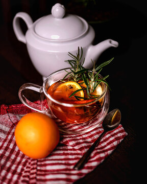 Winter tea with orange and spices &ndash; cozy drink close-up