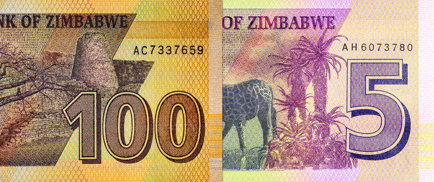 Zimbabwean currency, featuring the 5 and 100 dollar banknotes. African economy, hyperinflation, and global finance.