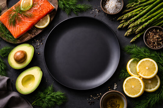 Salmon avocado lemon and asparagus around empty black plate