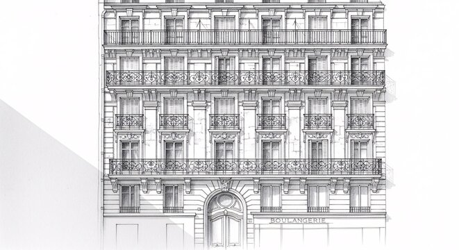 Parisian building facade with balconies and windows.