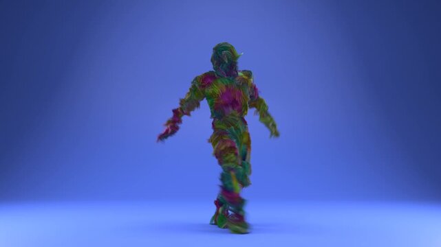 Funny colorful furry mascot dancing joyfully  3D 4K rendering.