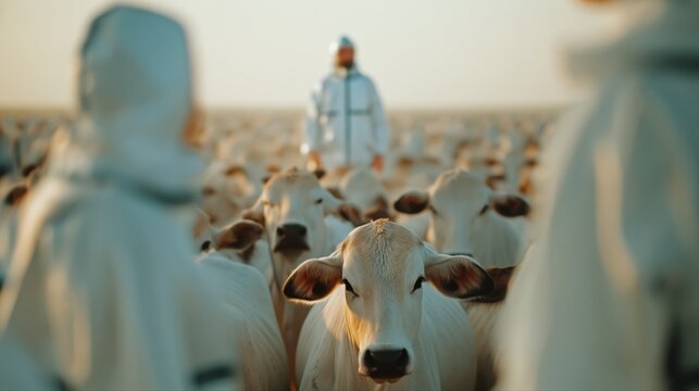 A focused group of cows stands in the center with veterinarians in protective gear blurred at the sides. This ultra-realistic image highlights modern livestock agriculture and veterinary care.