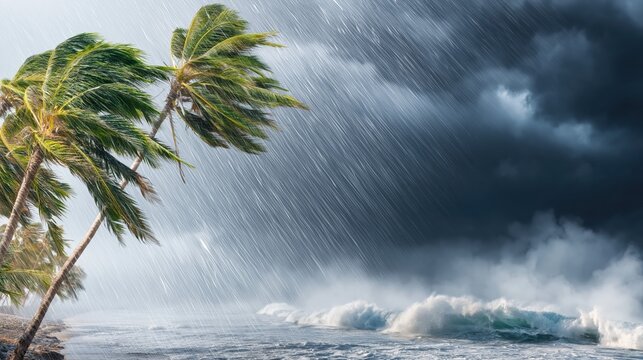 Cinematic coastal storm with violent winds whipping palm trees and heavy rain lashing the beach. Dramatic dark clouds and towering waves create a photorealistic hurricane scene.