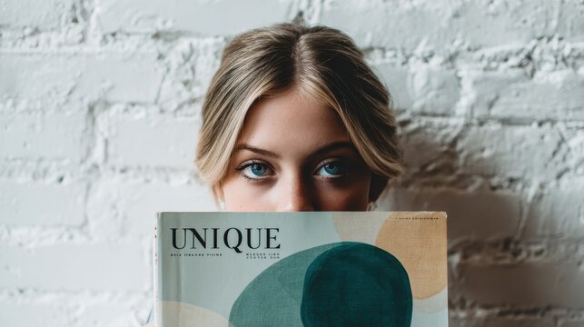 Young woman with blonde hair hiding lower face behind magazine with unique title against white brick wall