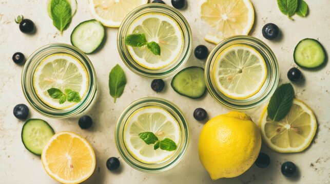 Photorealistic top view of detox drinks in glass jars with lemon, cucumber, and mint. Fresh fruits and herbs are artfully arranged, radiating wellness and vibrant colors.