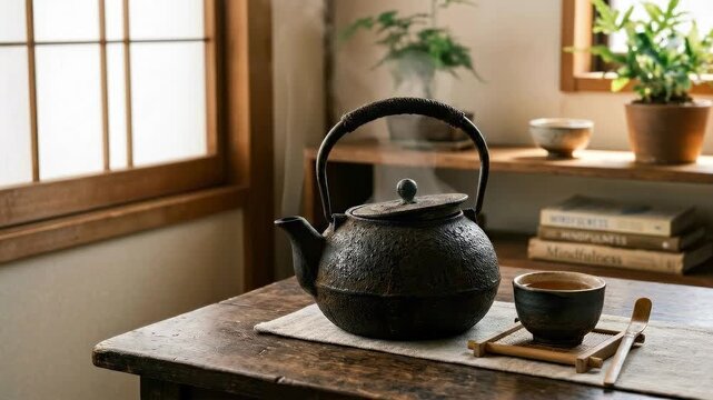 A tranquil moment of zen, a beautifully crafted teapot steaming gracefully, creating a serene ambiance on a wooden table, with tea cup and details.