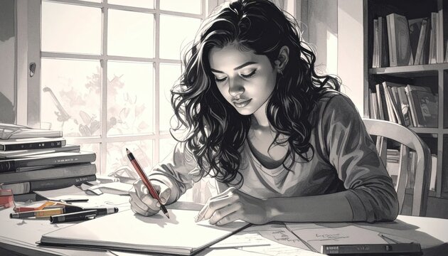 A grayscale illustration of a young woman with dark hair writing at a desk bathed in light