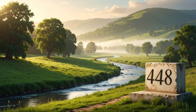 Lush landscape with a flowing river and rolling hills, a marker displaying the number 448