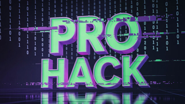 Glitch Effect Neon Green 3D text "PRO HACK" on Dark Binary Code Digital Background
