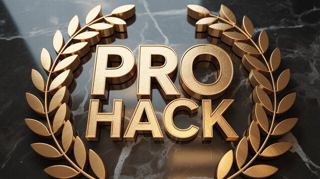Gold 3D text "PRO HACK" Surrounded by Laurel Wreath on Dark Marble Luxury Background
