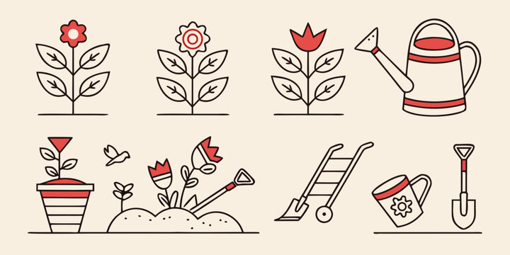Gardening with flowers, plants, and tools watering can wheelbarrow