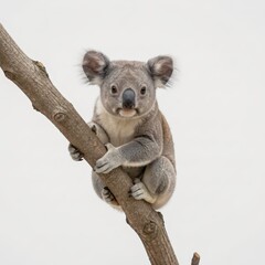 Fototapeta premium Cute Koala Bear Climbing on a Tree Branch with White Background