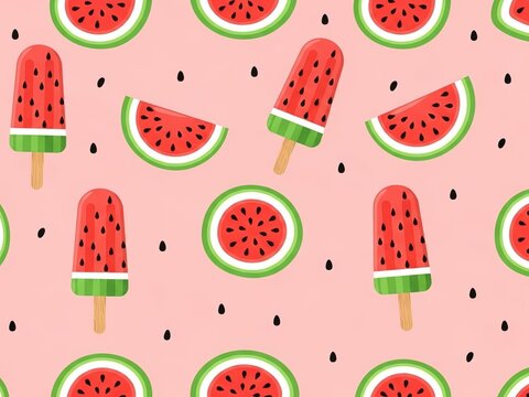 Fun seamless pattern of watermelon slices and popsicles on a soft pink background with seeds