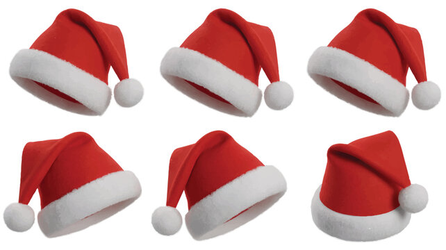Red Santa hats with white trim and pom pom on white background