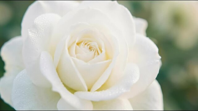 A close-up view unveils the pristine elegance of a delicate white rose, with its meticulously arranged petals creating a stunning display of natural beauty and romance.