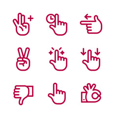 Fototapeta premium Vector of nine different hand gesture icons in a modern line art style