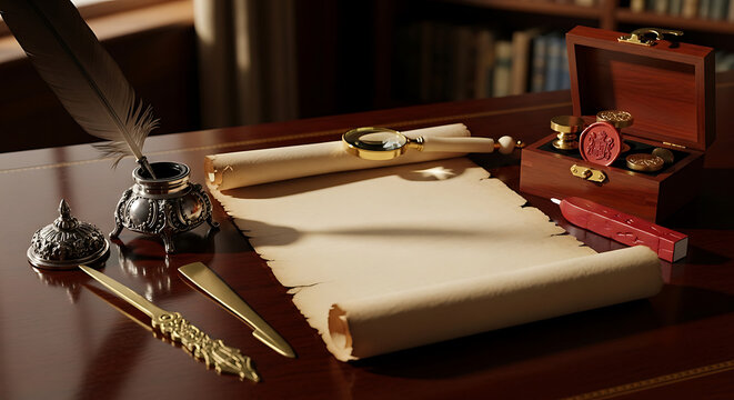 Vintage writing desk with quill, inkwell, scroll, and wax seal set, evoking a sense of history and tradition.