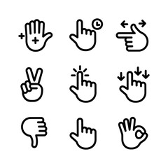 Fototapeta premium Vector collection of various hand gesture icons including signs for addition, pointing, clock, peace, click, downward arrows, dislike, and ok hand signals